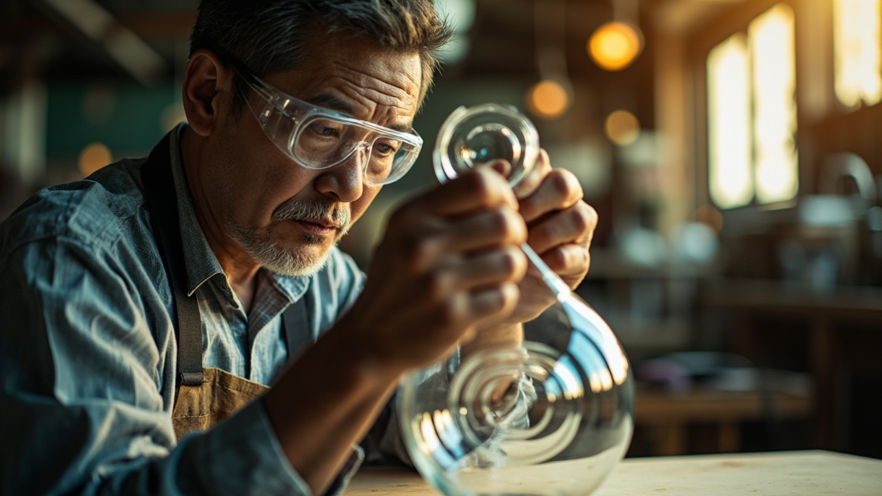 Artisan ensuring quality in Vietnamese shaped glass.