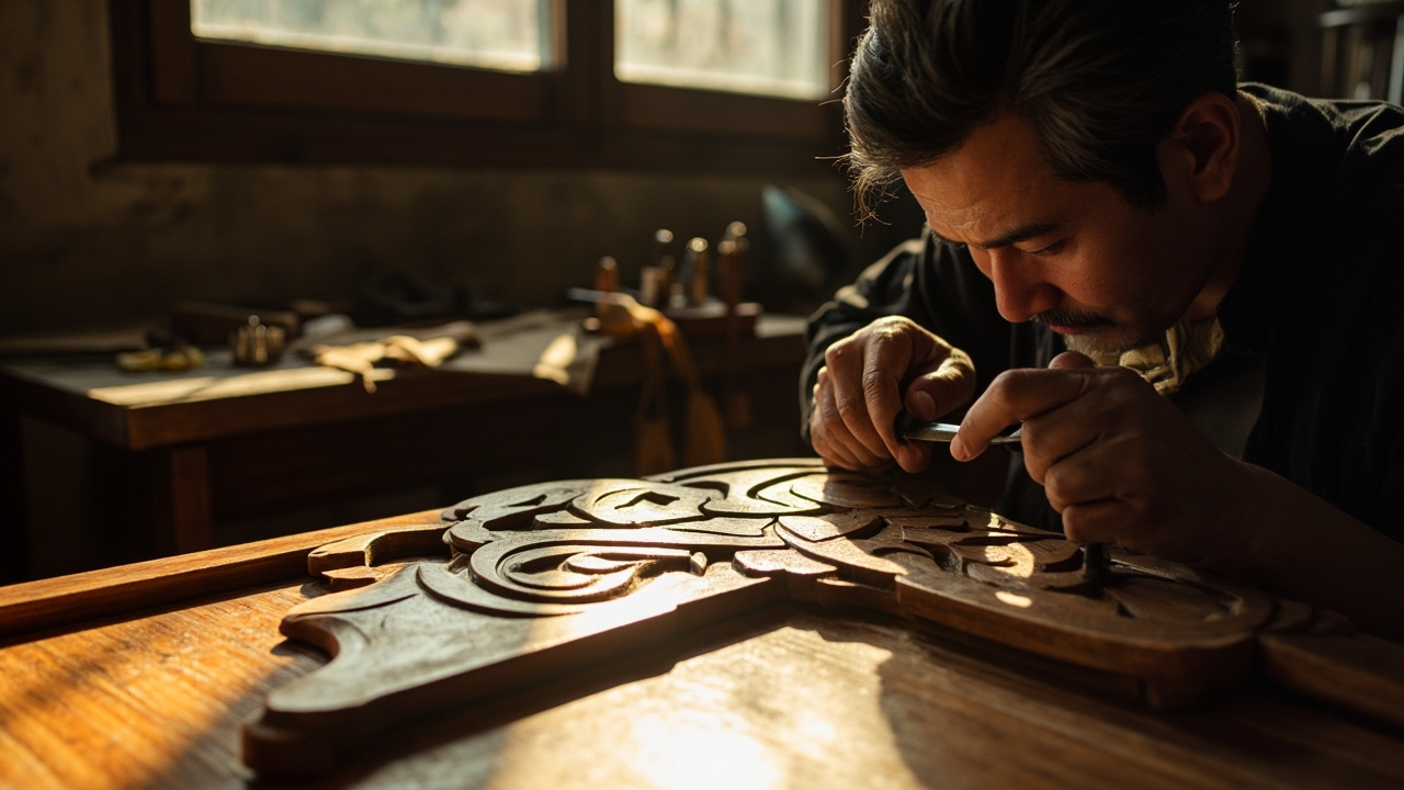 Vietnamese artisan crafting a luxurious wooden bed frame.