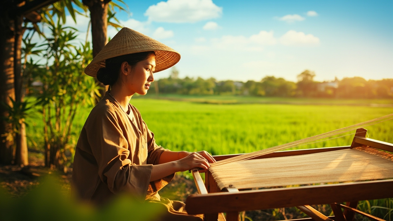 Artisan crafting sustainable fabric in Vietnam’s countryside.