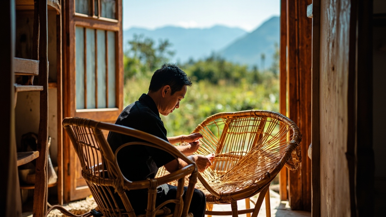 Vietnamese artisan crafting rattan patio furniture with precision.