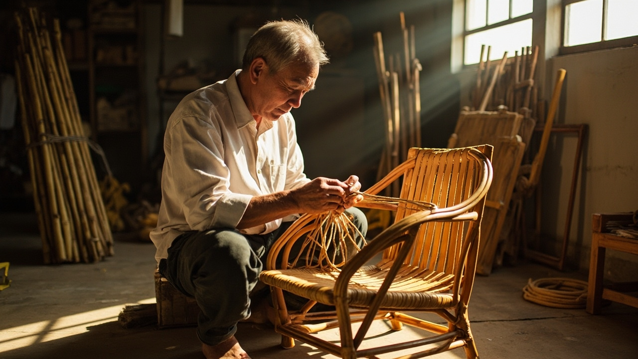 Vietnamese craftsman weaving durable rattan furniture.