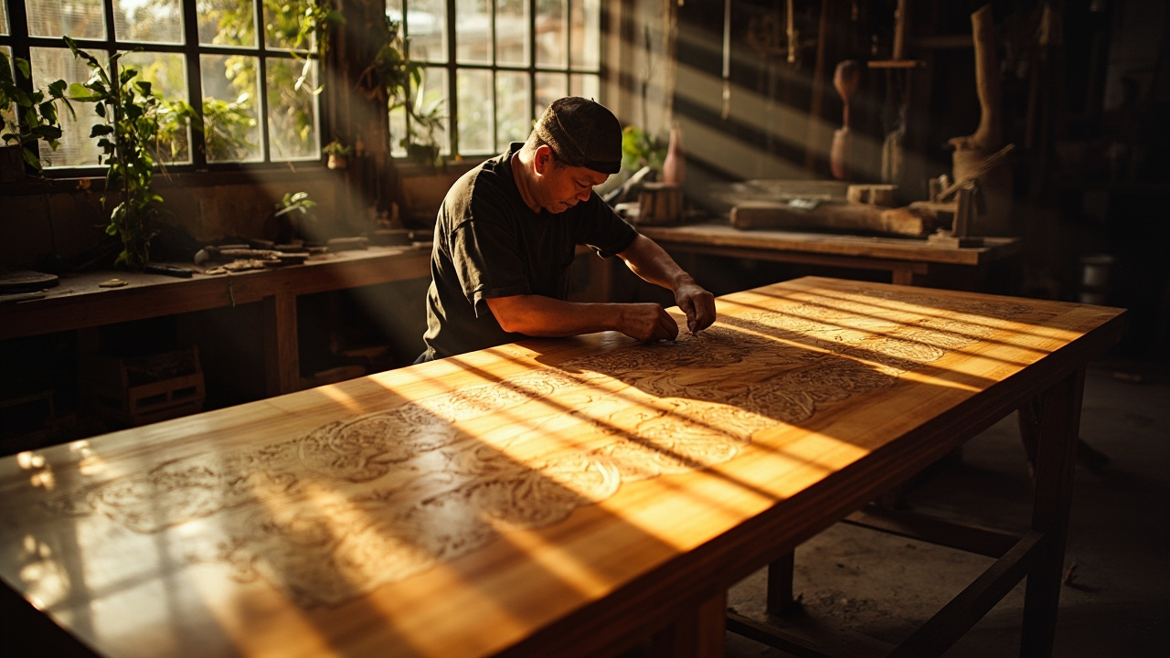 A Vietnamese artisan crafting a bespoke teak table.
