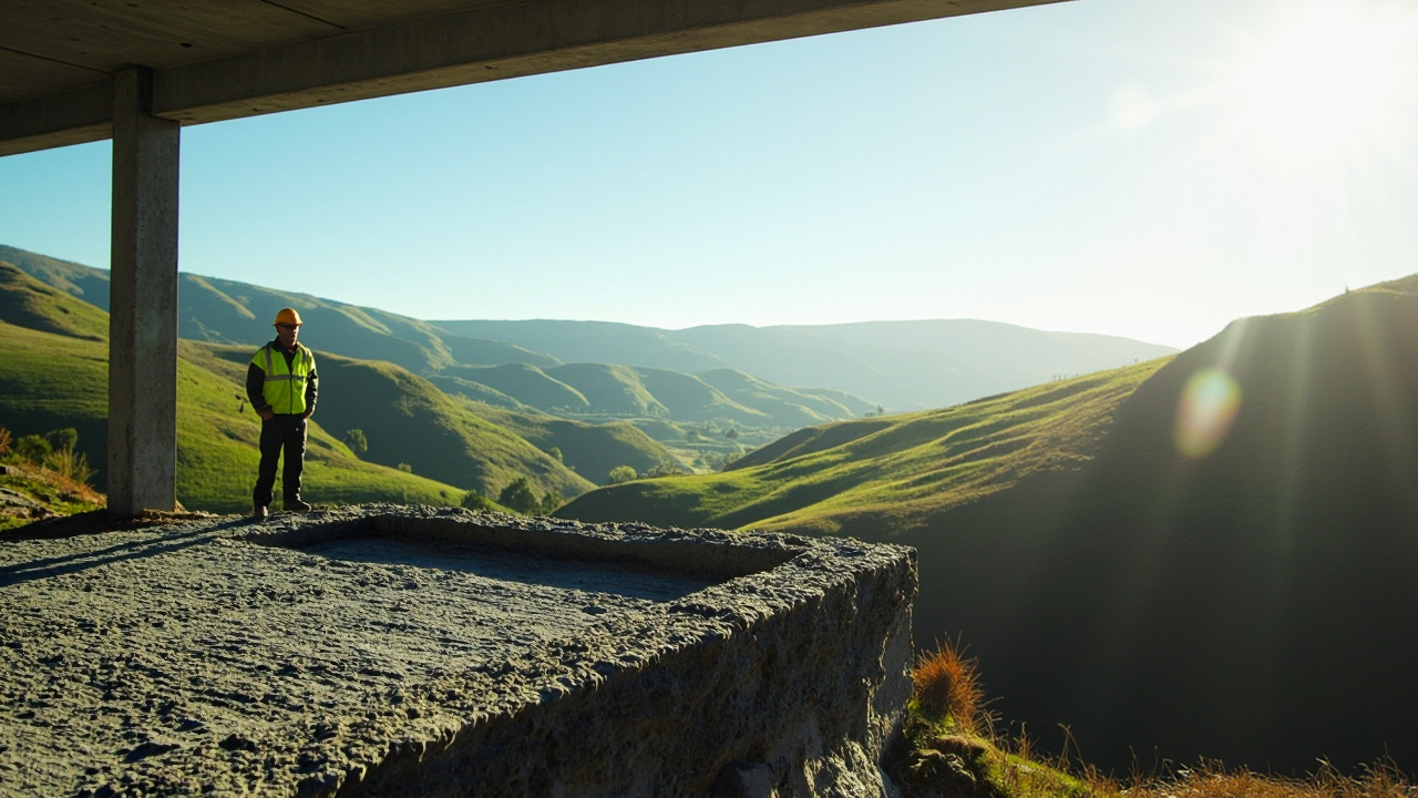 Concrete shaping a modern structure in New Zealand’s scenic landscape.