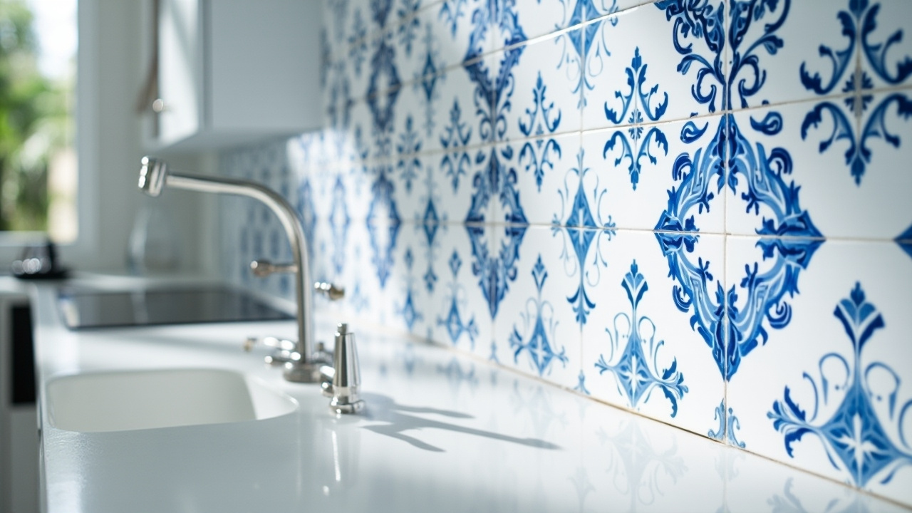 Elegant Vietnamese ceramic tiles in a modern kitchen setting.