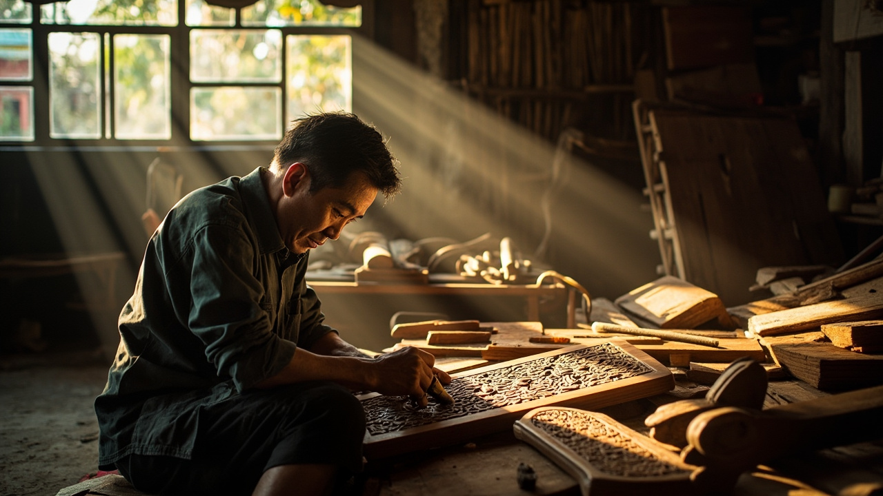 Vietnamese artisan crafting bespoke furniture with precision.