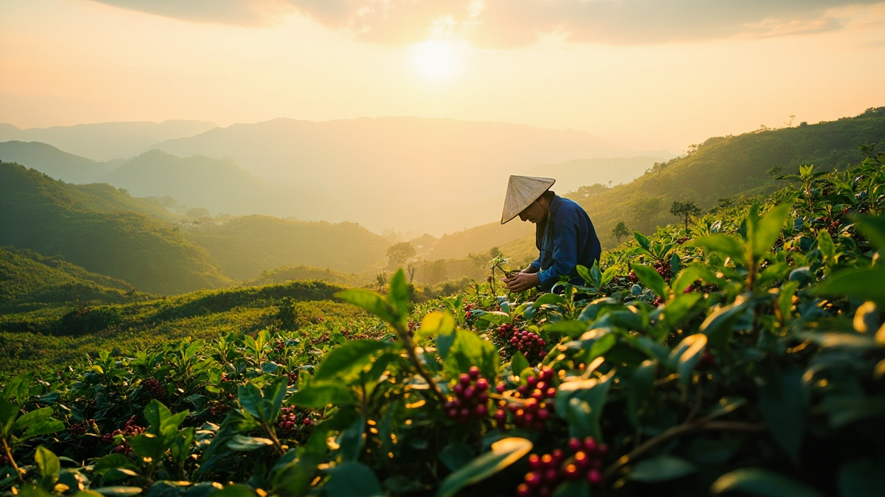 Vietnam’s highland coffee plantation under golden sunrise.