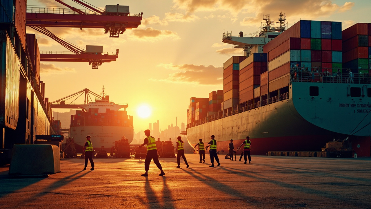 Cargo ships at a Vietnamese port during sunrise, showcasing trade activity.