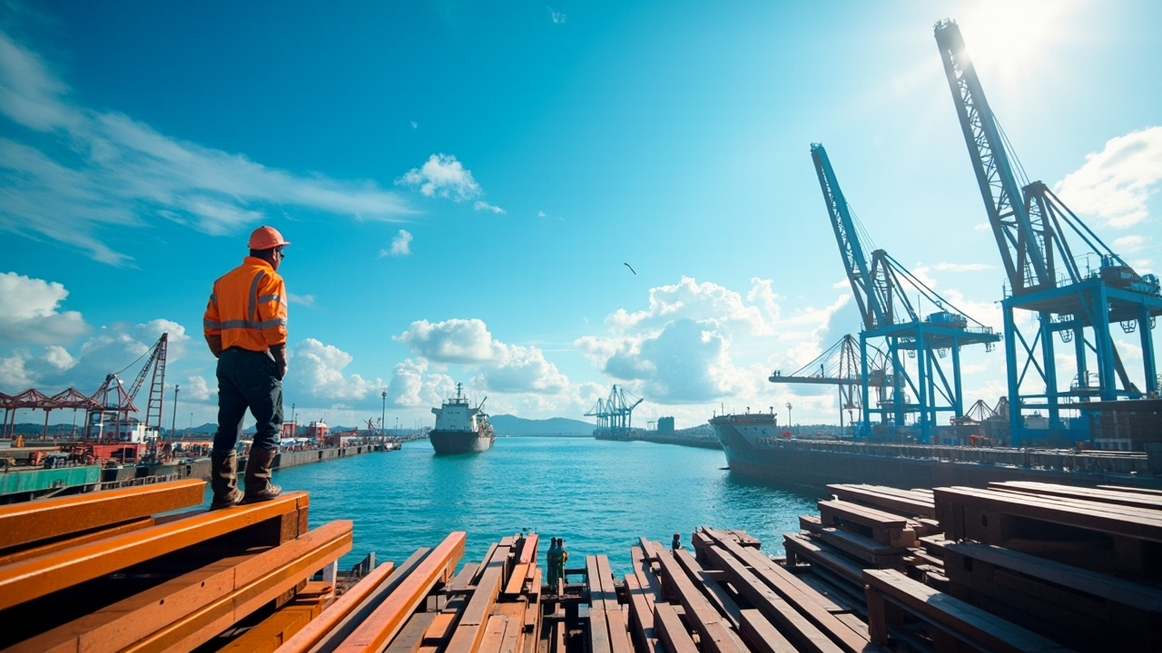 Cargo ships at a Vietnamese port loaded with construction materials for export.