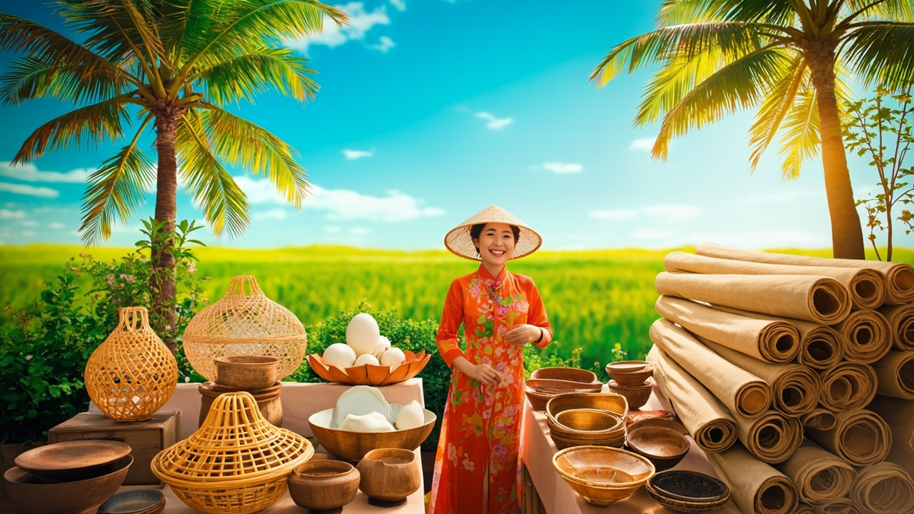Vietnamese vendor with sustainable goods like bamboo baskets at a vibrant market stall.