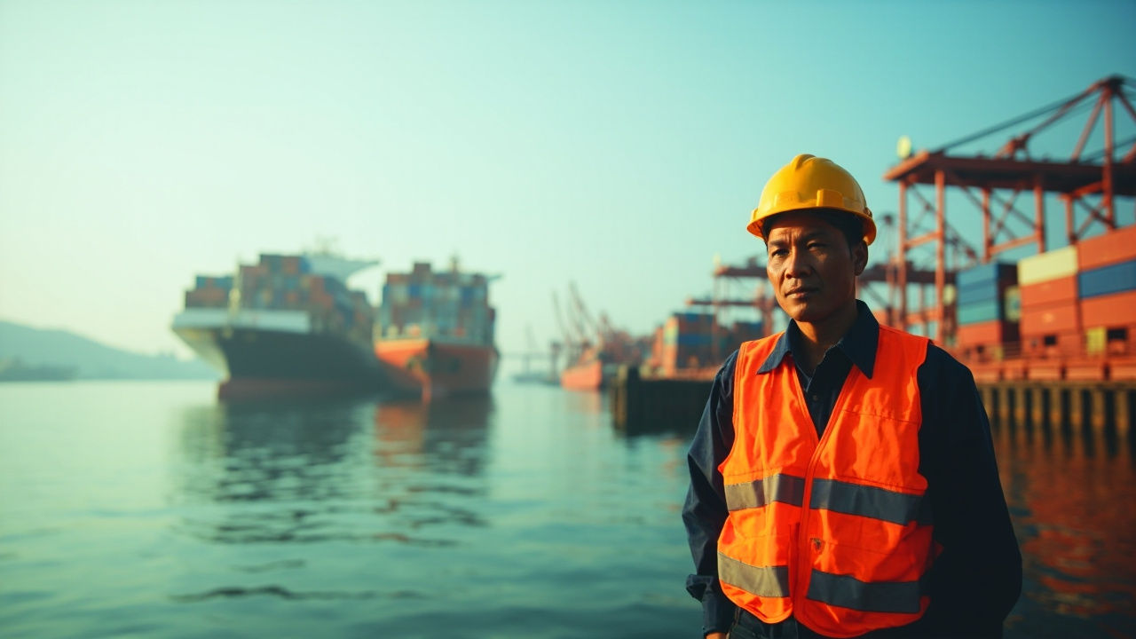A Vietnamese port with cargo ships and a worker, symbolizing Vietnam's trade role under tariff risks.