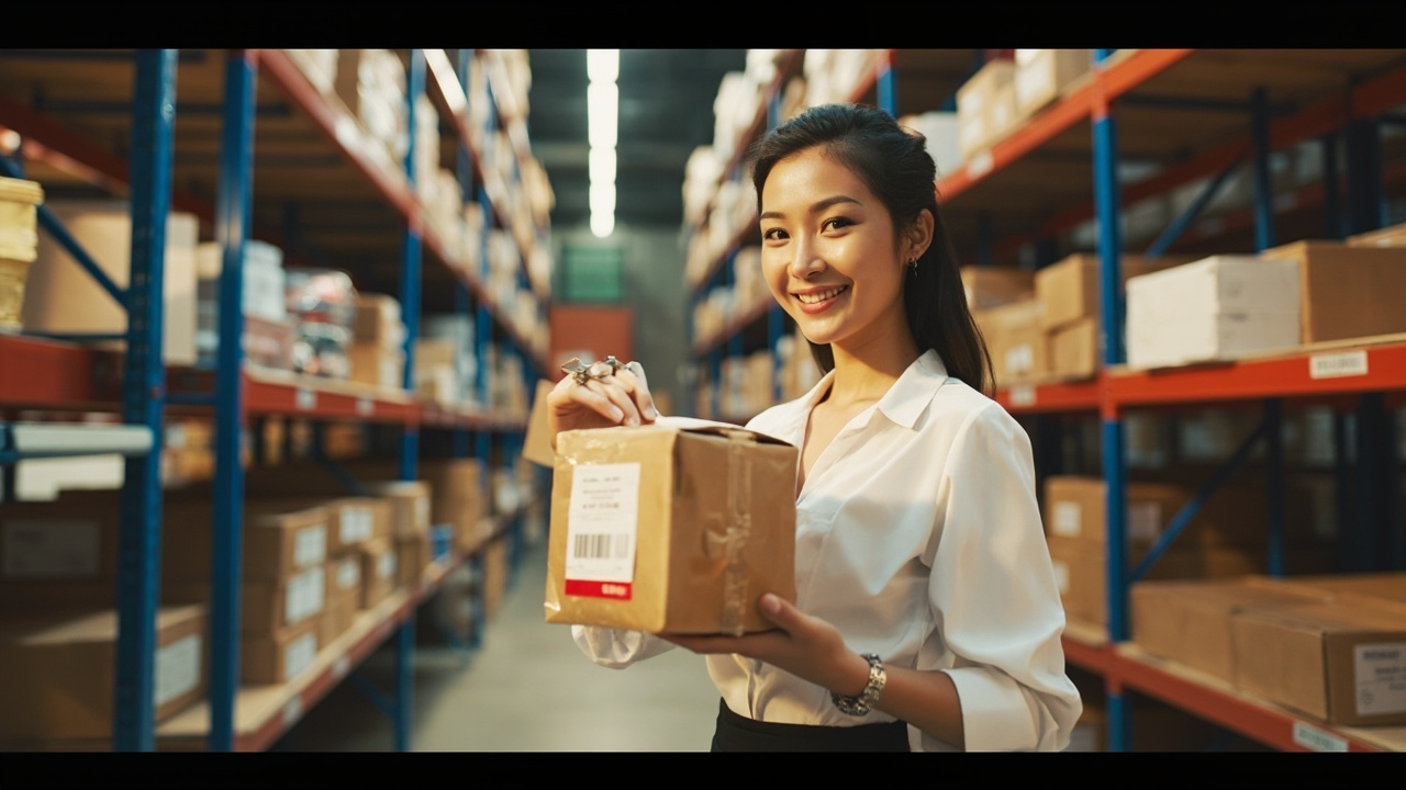 Woman holding a duty-free package from Vietnam in a warehouse.