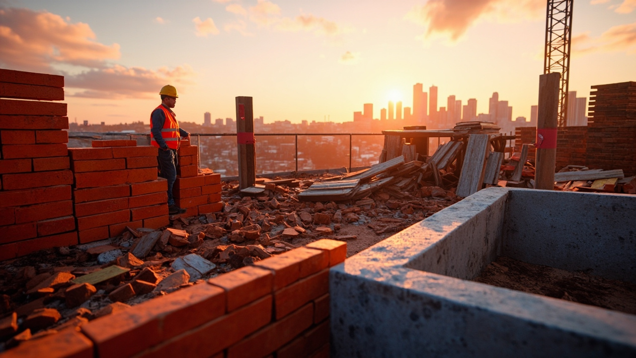 Sydney construction site with bricks, concrete, and alternative materials at sunrise.
