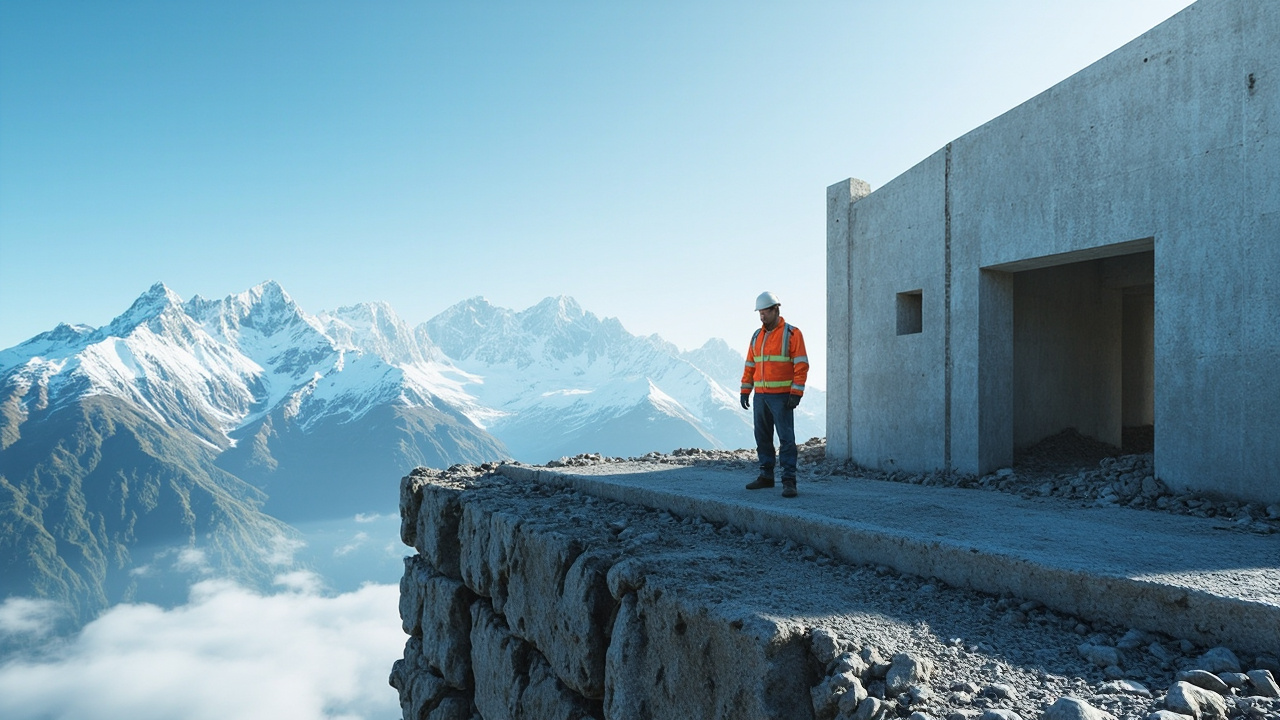 Concrete building site in New Zealand with mountains in background.
