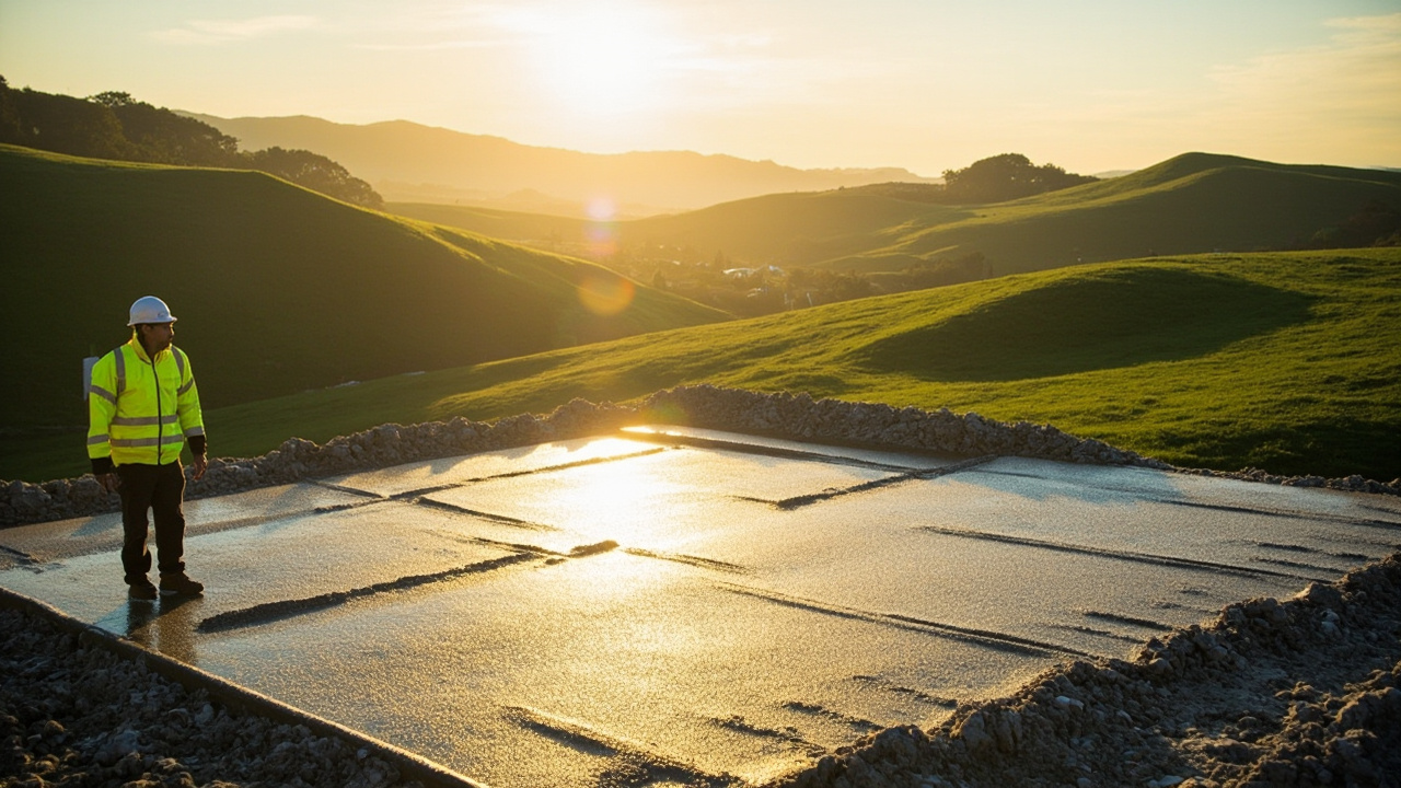 Worker overseeing sustainable concrete pour at a NZ building site.