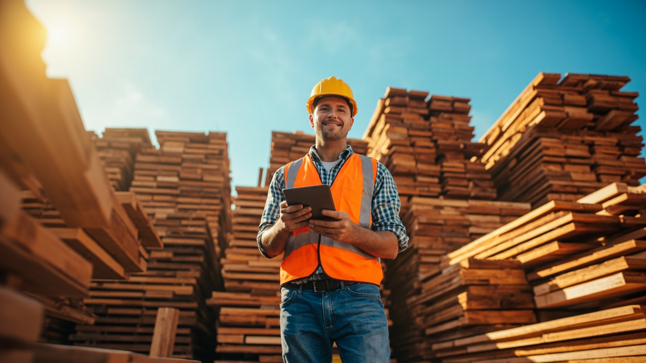 Worker inspecting timber stacks in an Australian timber yard for online purchase.