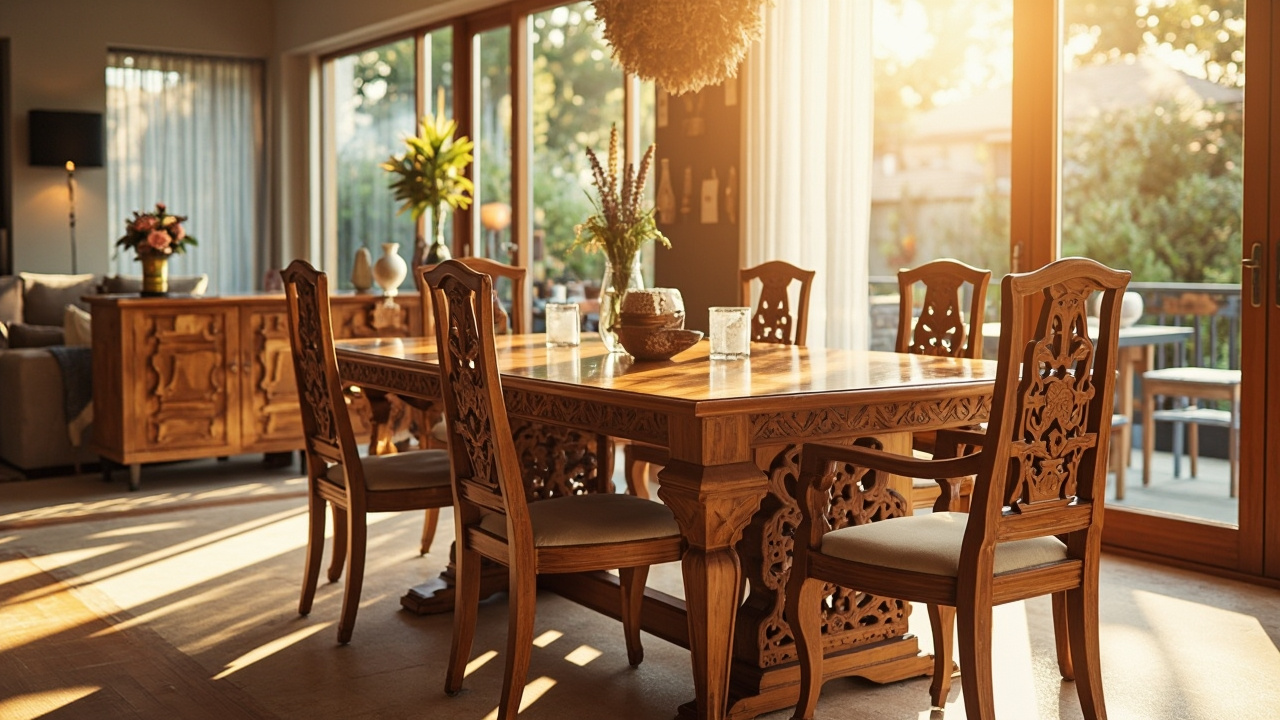 Elegant Vietnamese wooden furniture in a bright Australian dining room.