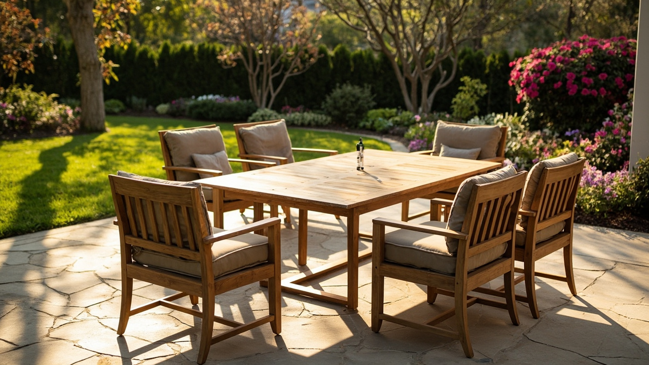 A US backyard showcasing affordable Vietnamese teak outdoor dining furniture on a patio.