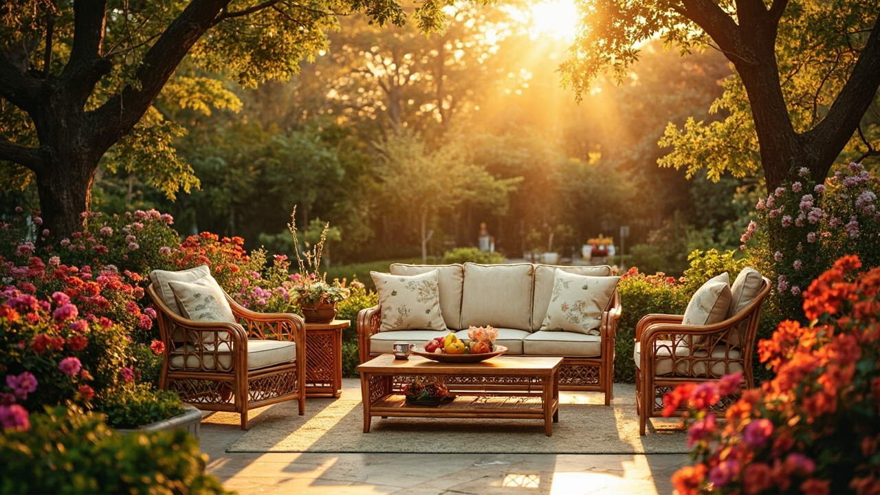 Vietnamese teak and rattan patio set in a lush Western garden under sunset.