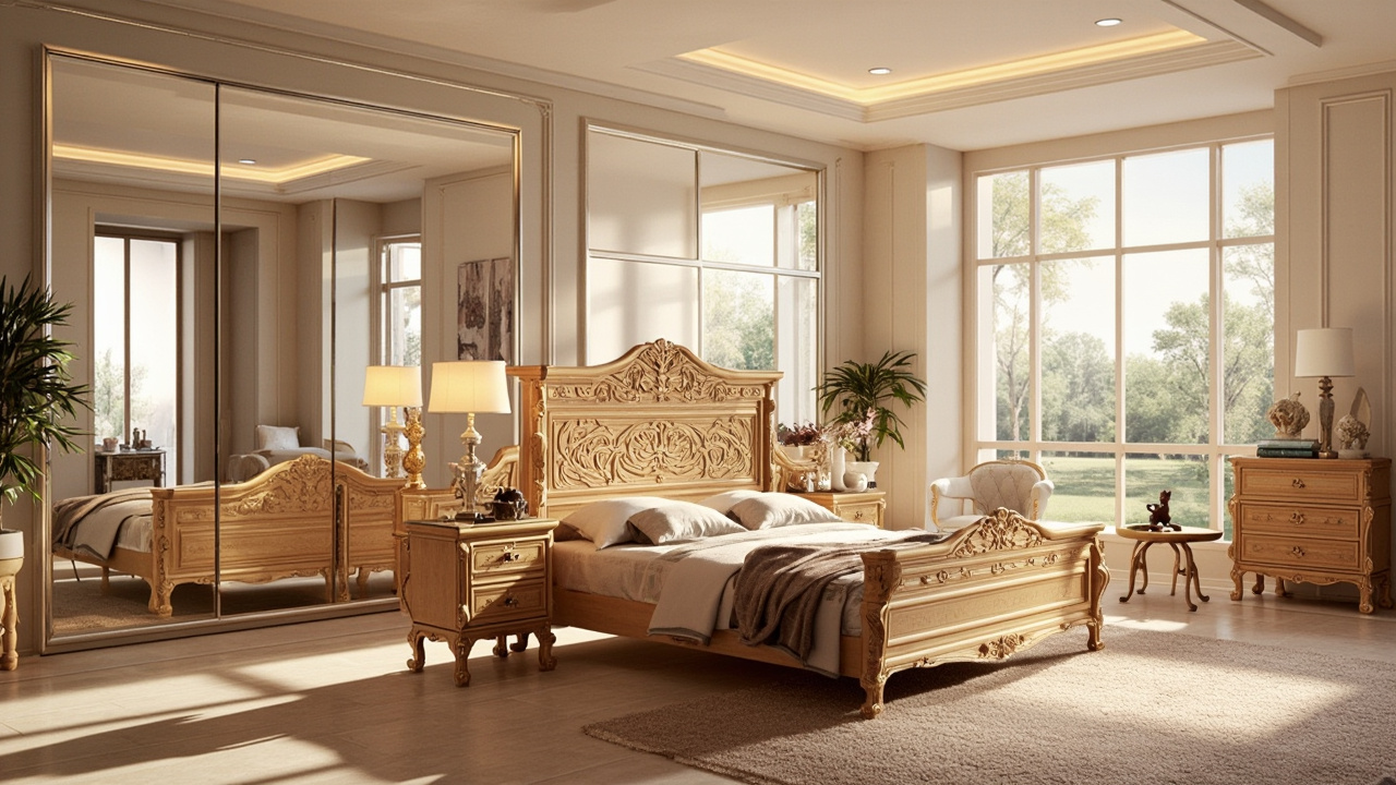 Luxury wooden bed from Vietnam displayed in a stylish European bedroom.