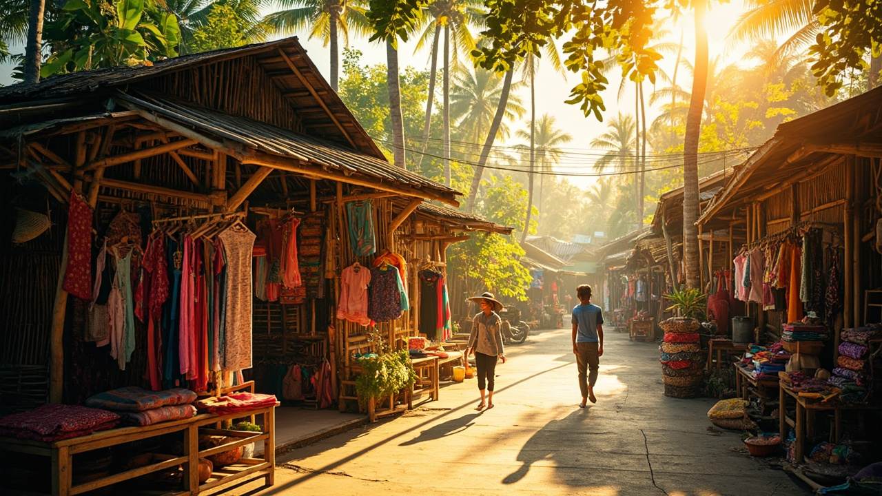 Vendor displaying eco-friendly clothing in a vibrant Vietnamese textile market with tropical surroundings.