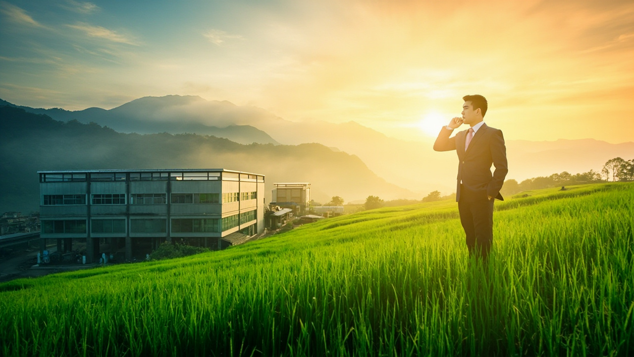 A businessperson near a Vietnamese factory with green fields and mountains under a sunrise.