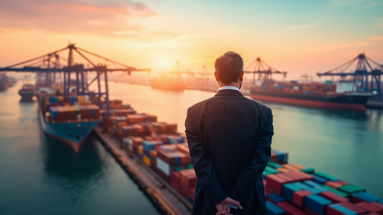 Western importer overlooking a busy Vietnamese port, symbolizing trade potential and opportunity.