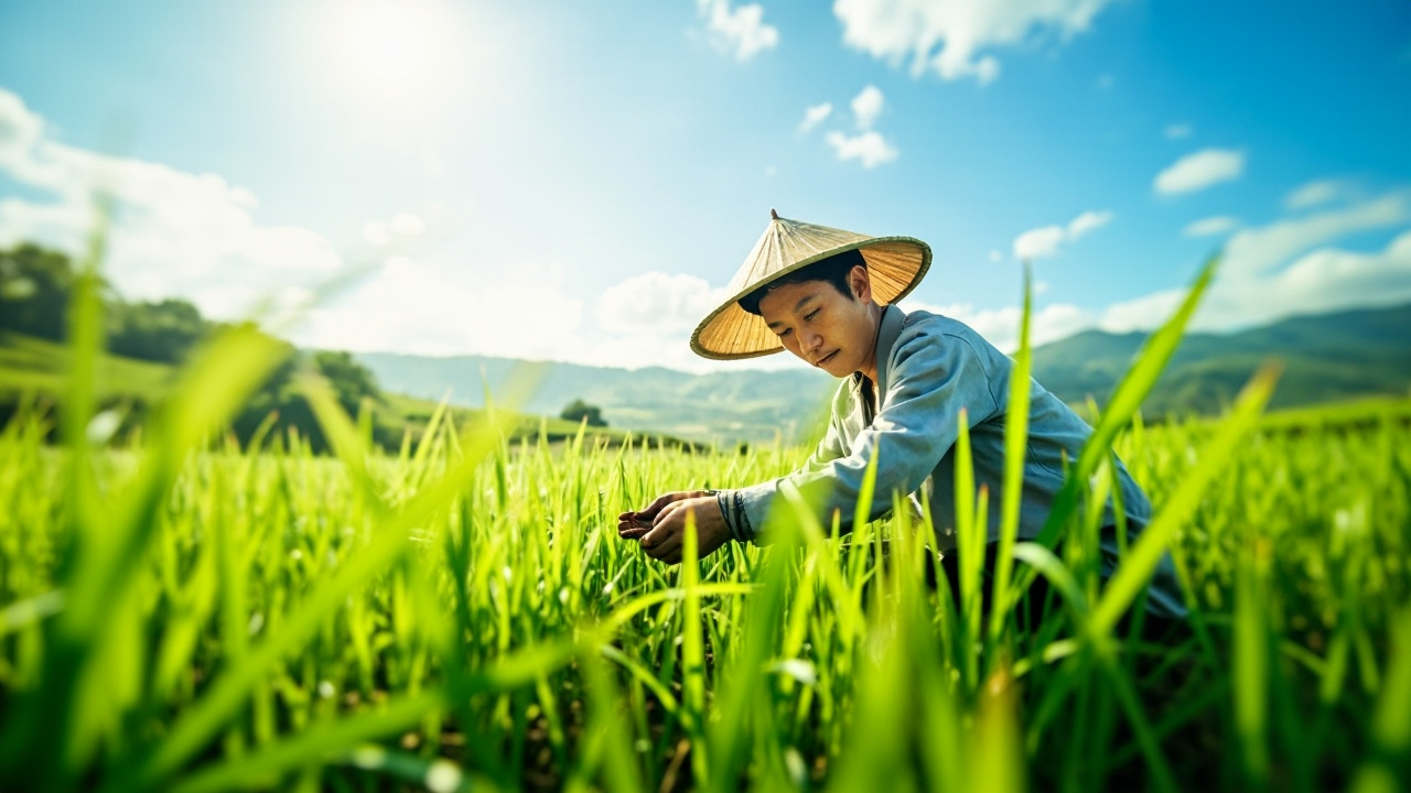 A farmer nurturing lemongrass in Vietnam’s lush fields.