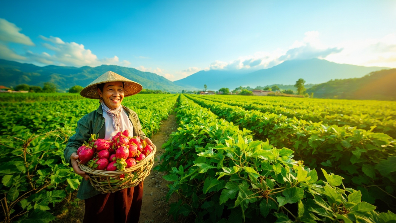 A Vietnamese farmer harvests tropical fruits.