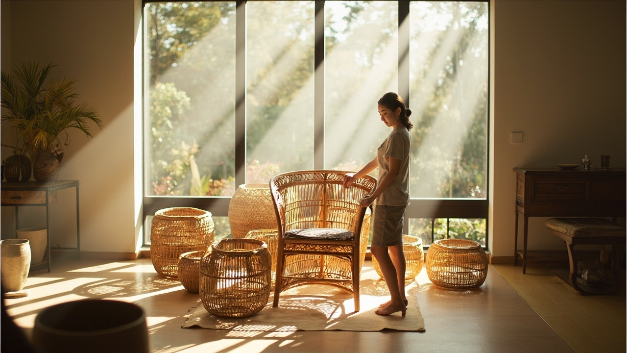 Vietnamese artisan crafting a rattan basket with precision.