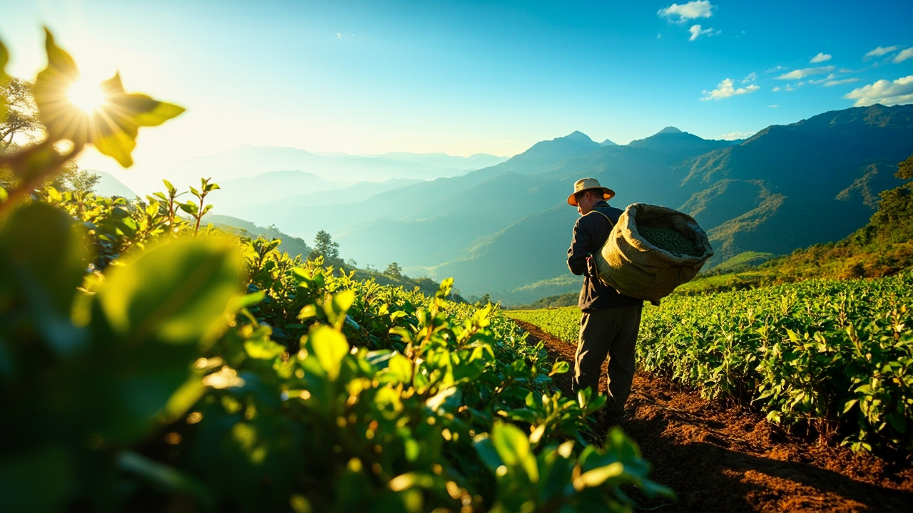 Brazilian coffee plantation under golden sunlight.