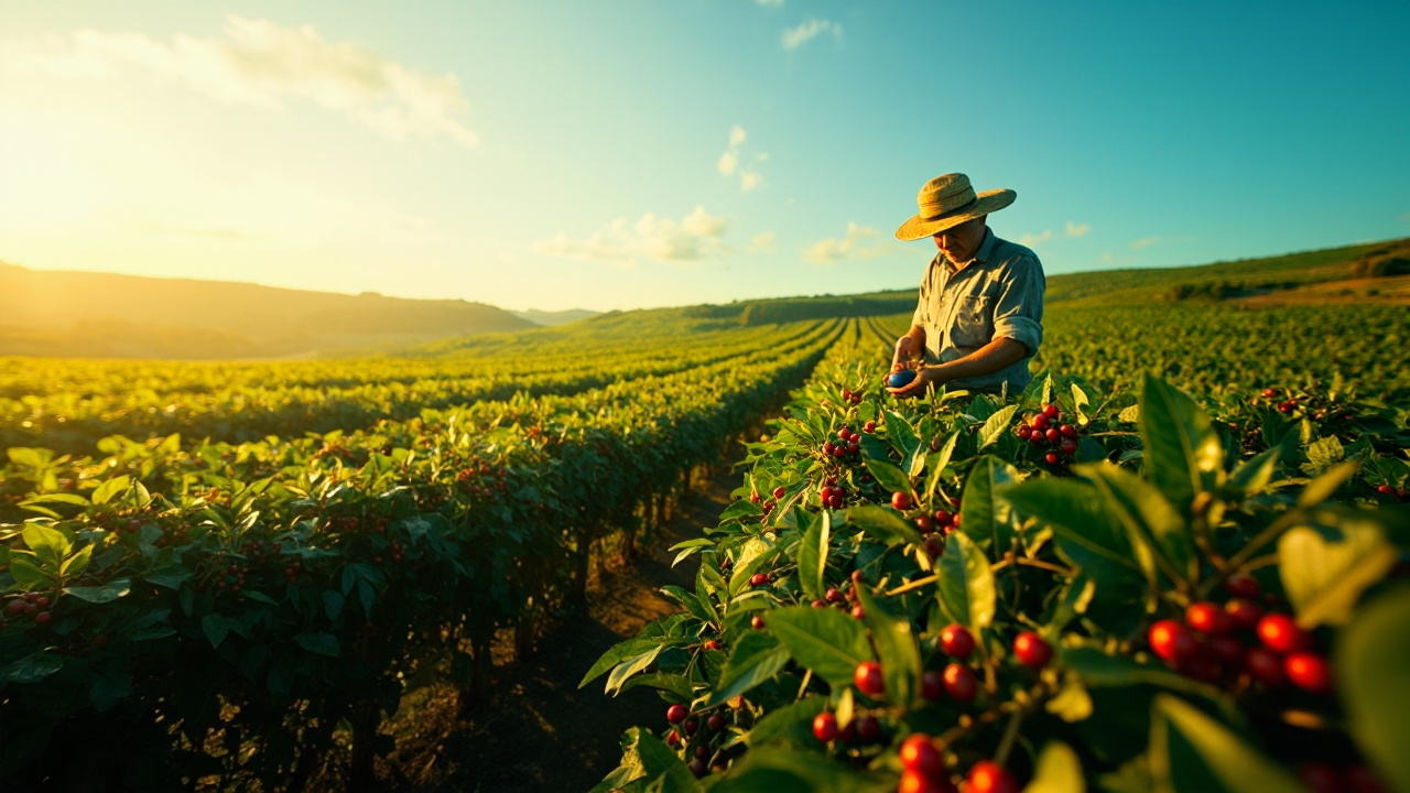 Brazilian coffee plantation under golden sunlight.
