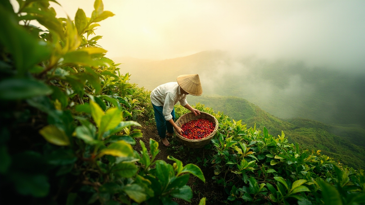 Brazilian coffee plantation under golden sunlight.