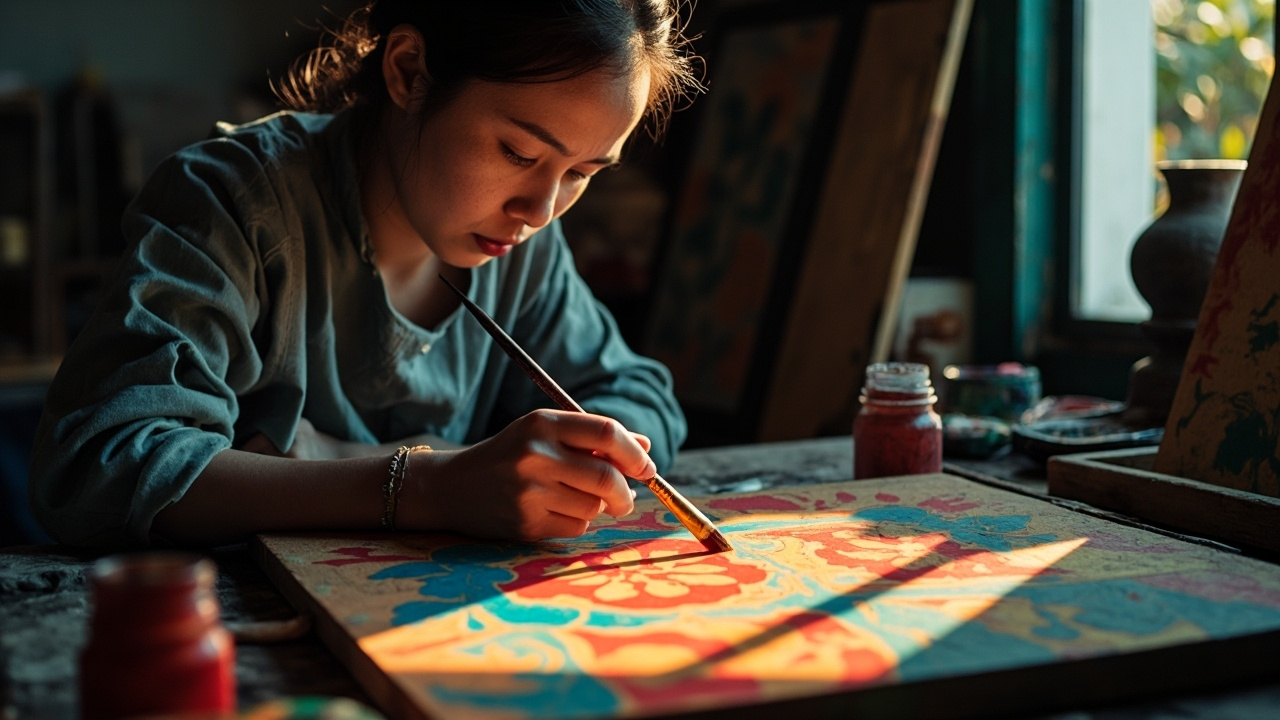 A glimpse of traditional Vietnamese Dong Ho folk painting craftsmanship.