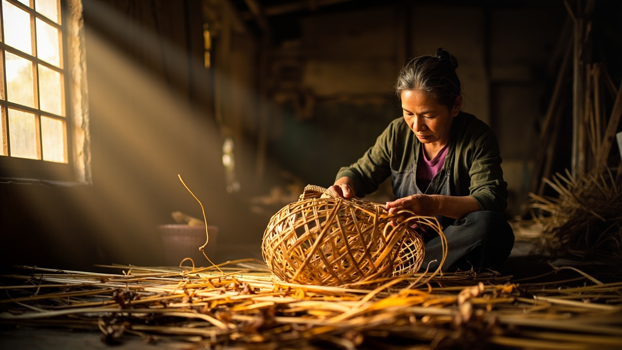 Vietnamese artisan crafting a rattan basket with precision.