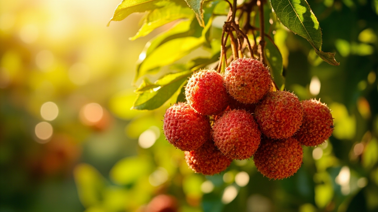 Cluster of ripe Vietnamese lychee on a branch in an orchard.