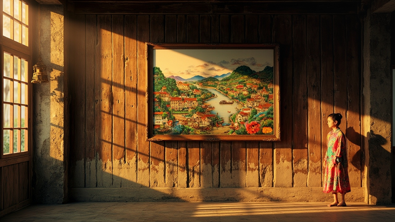 Traditional Vietnamese folk painting with artisan in a rustic setting.