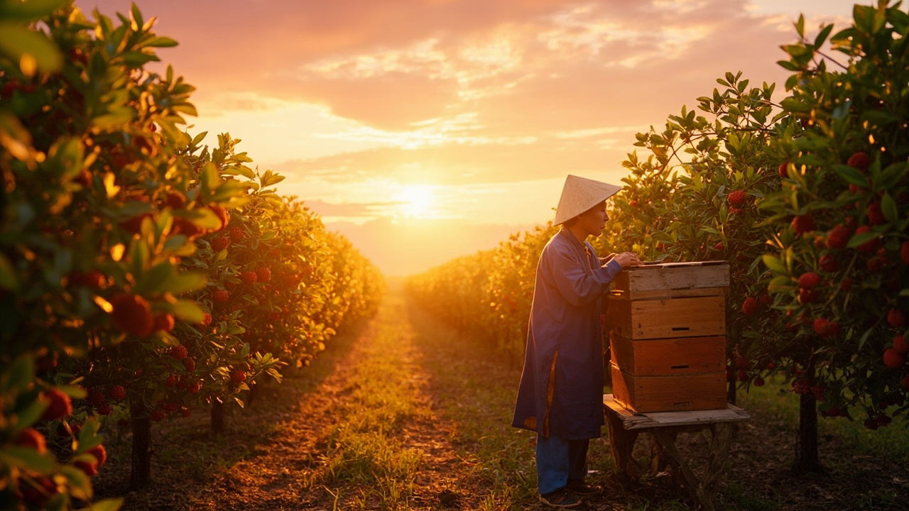 A Vietnamese beekeeper in Luc Ngan orchard, surrounded by litchi trees under sunrise.