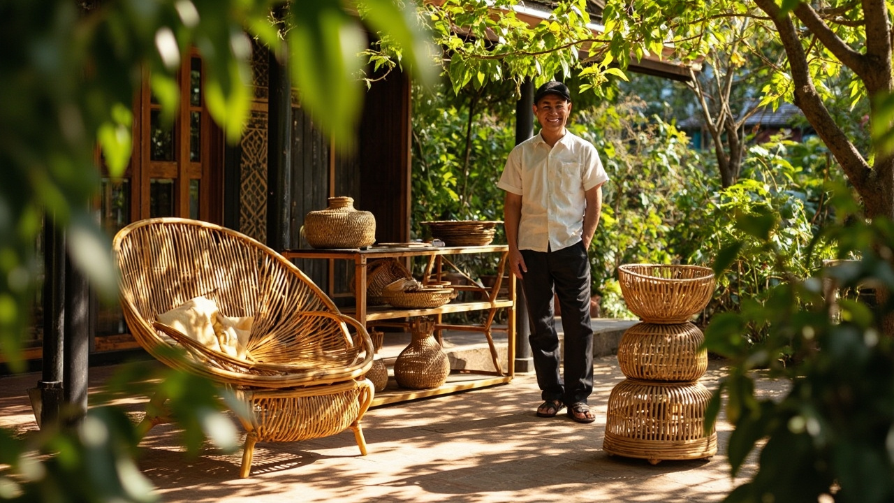 Vietnamese craftsman with Tang Tien rattan and bamboo products outdoors.