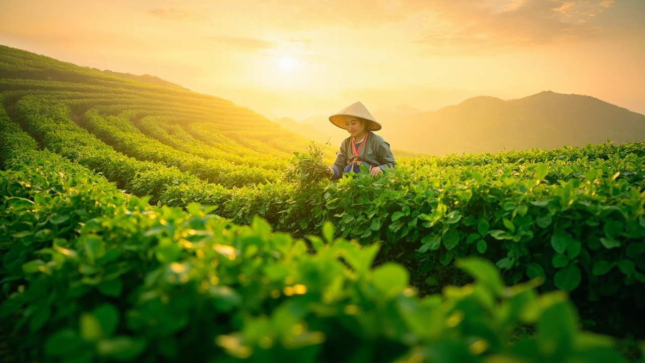 Vietnamese herbal farm at sunrise with a farmer harvesting plants.